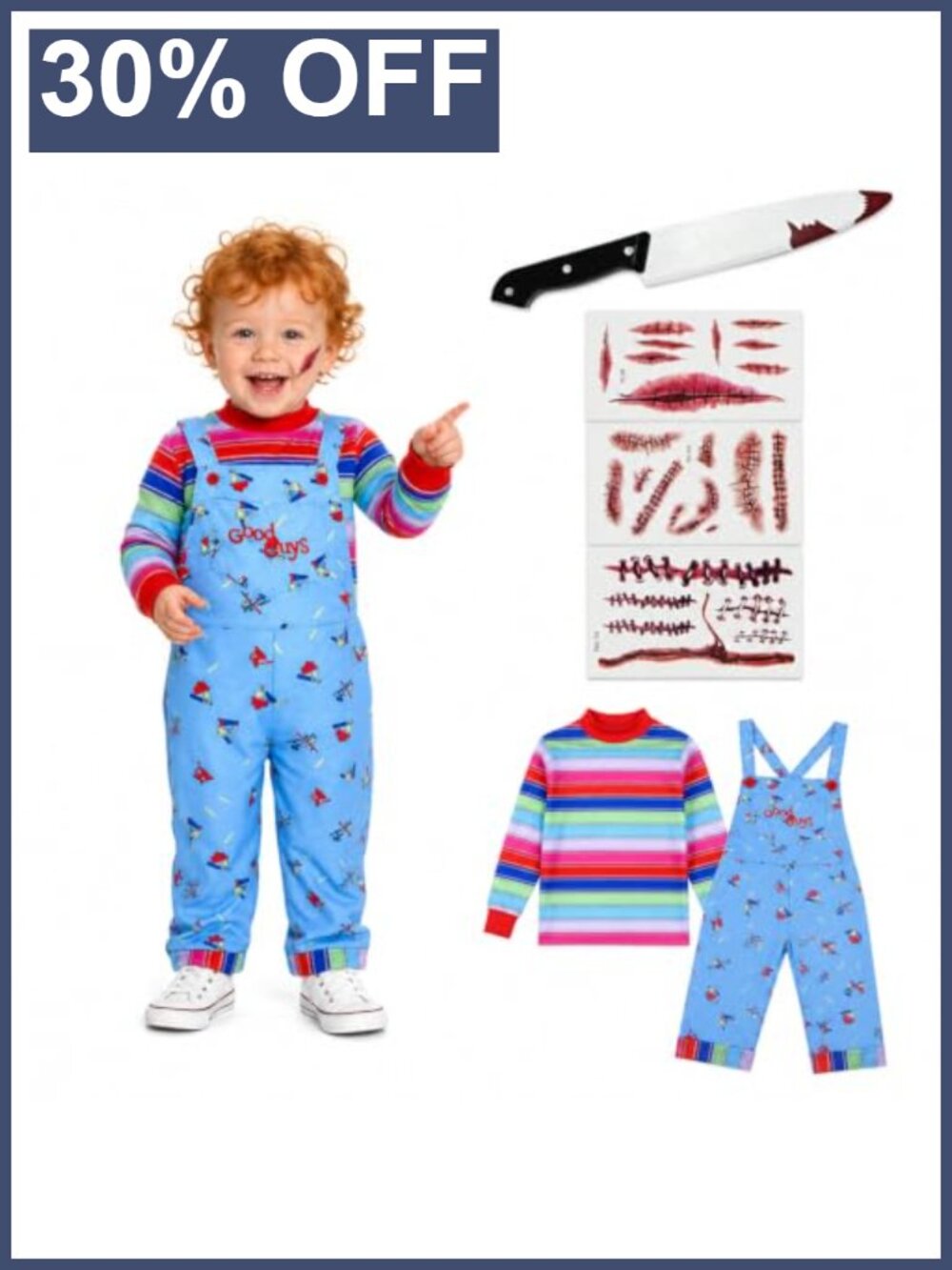 Chucky Kids Halloween Costume Set with Prop Knife and Scar Stickers